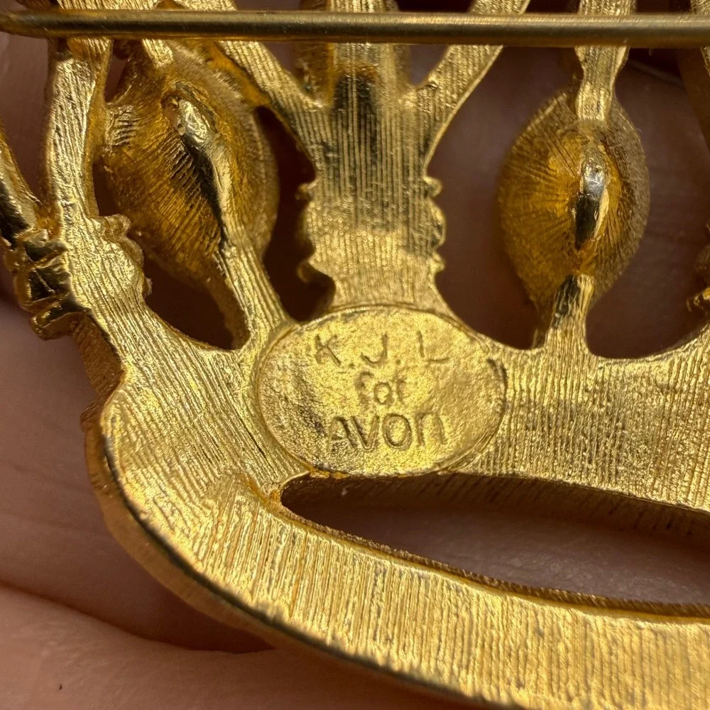 Vintage KJL Avon Crown Brooch Gold Tone Rhinestone Signed Kenneth Jay Lane